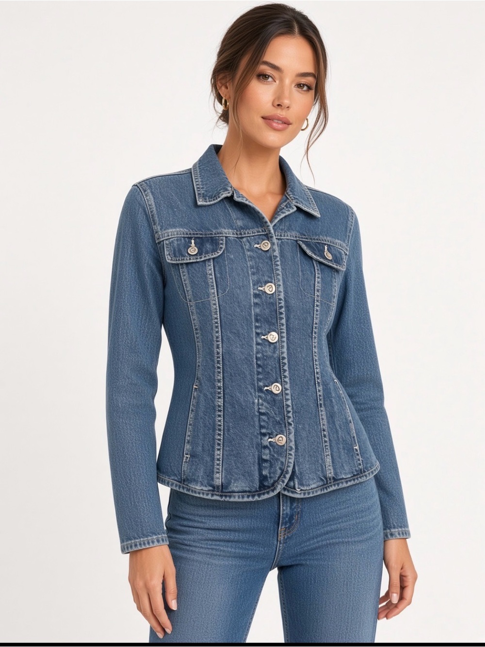 Women’s Fitted Blue Denim Jacket with Button Front